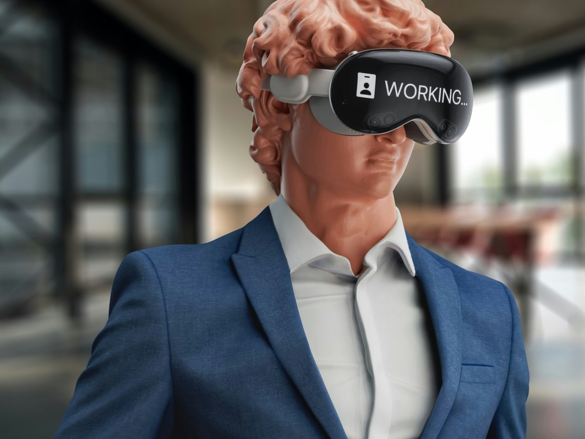 AI-anställd i kostym med headset där det står WORKING