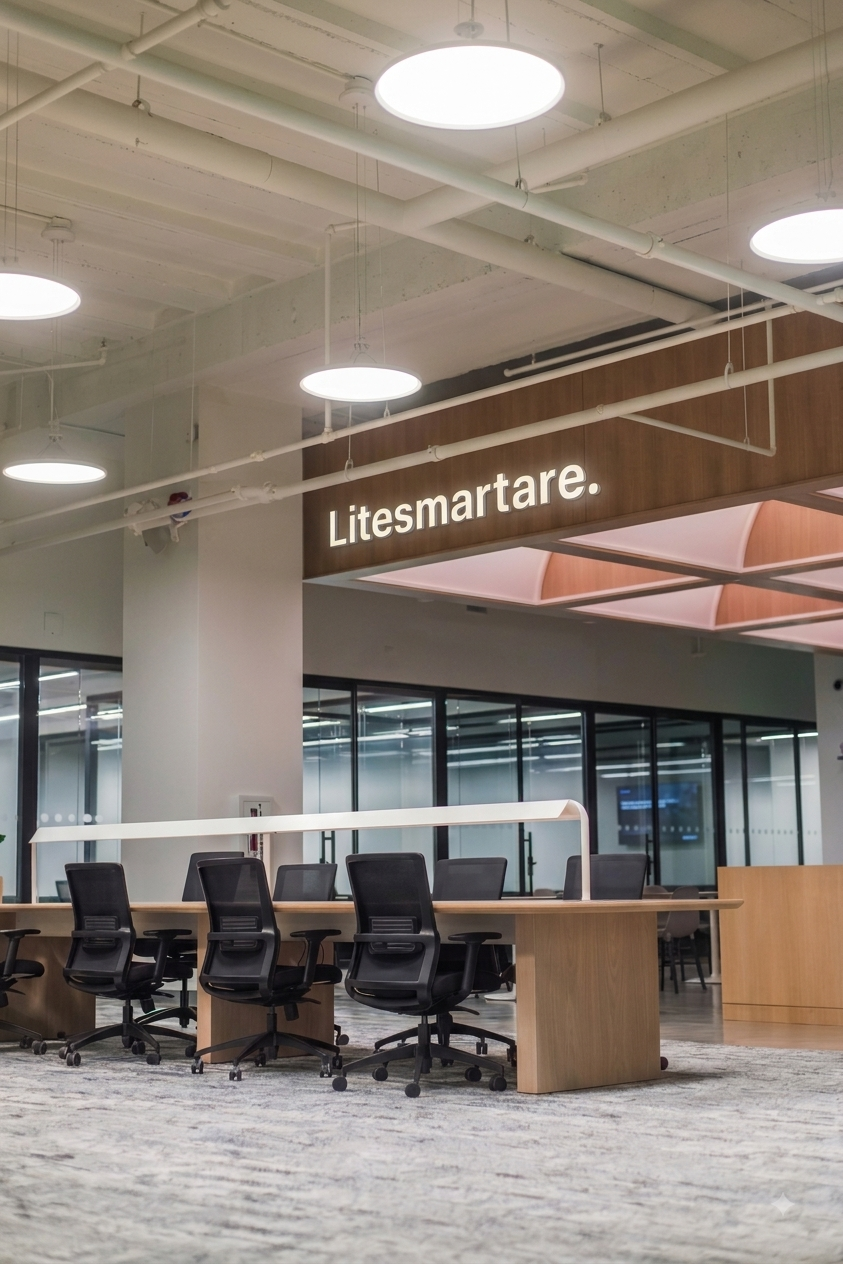 Interiör från Litesmartares kontor med mötesbord och upplyst logotyp